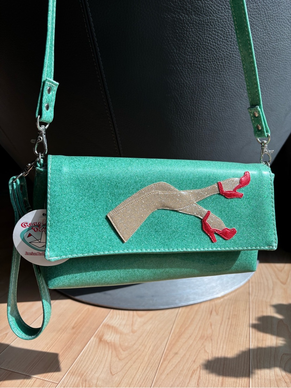 Green Sparkle Crossbody Bag with Red Heel Appliqué